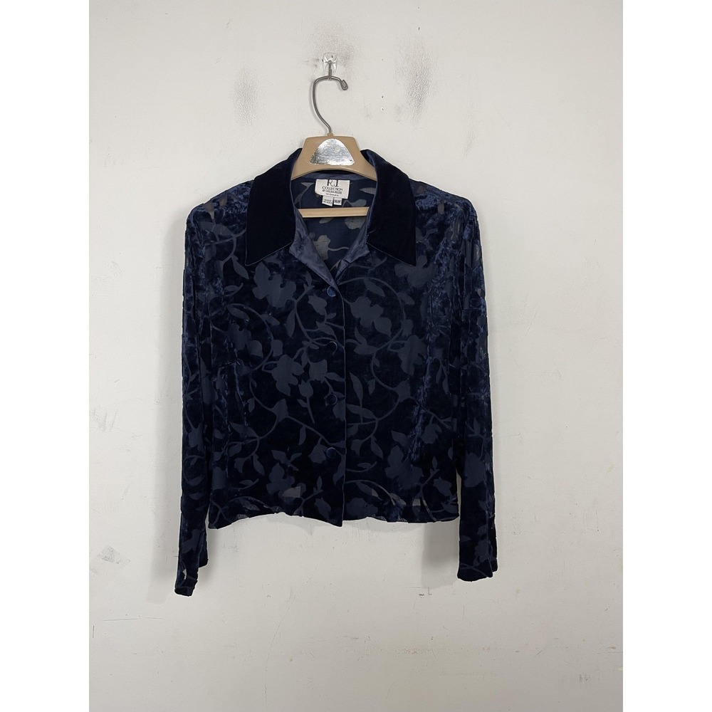 RJ Collection Shirt Womens 16W Burnout Velvet Button‎ Up Sheer Floral Blouse USA